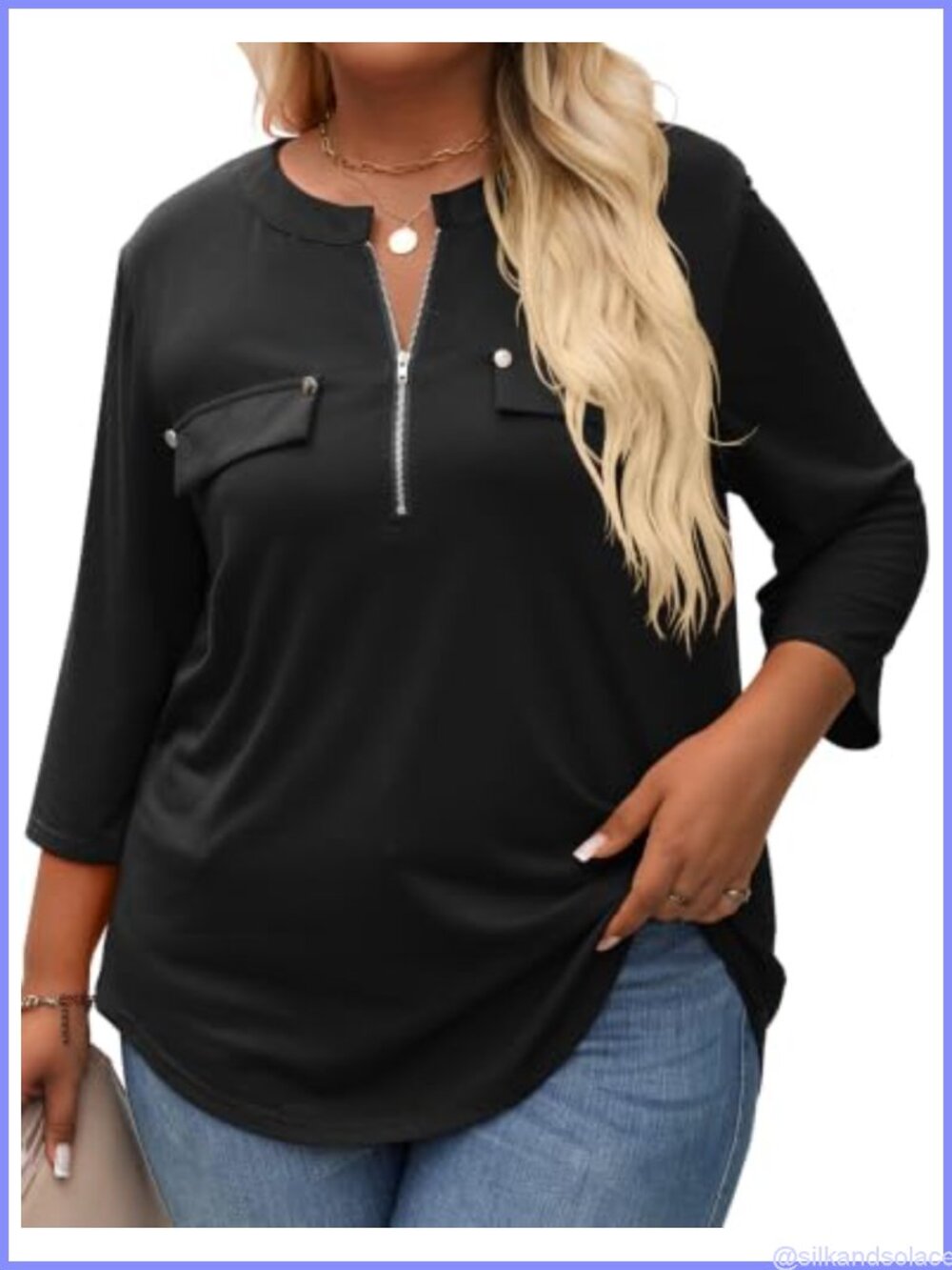 Womens Plus Size 3/4 Sleeve V Neck Tunic Blouse with Pockets